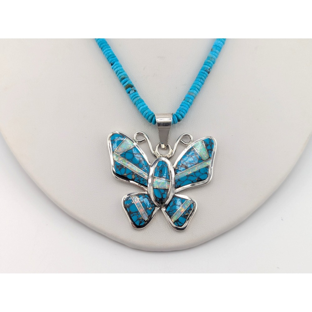 Navajo Necklace Turquoise Butterfly Pendant Handmade Native Amer Jewelry ** - Picture 5 of 13